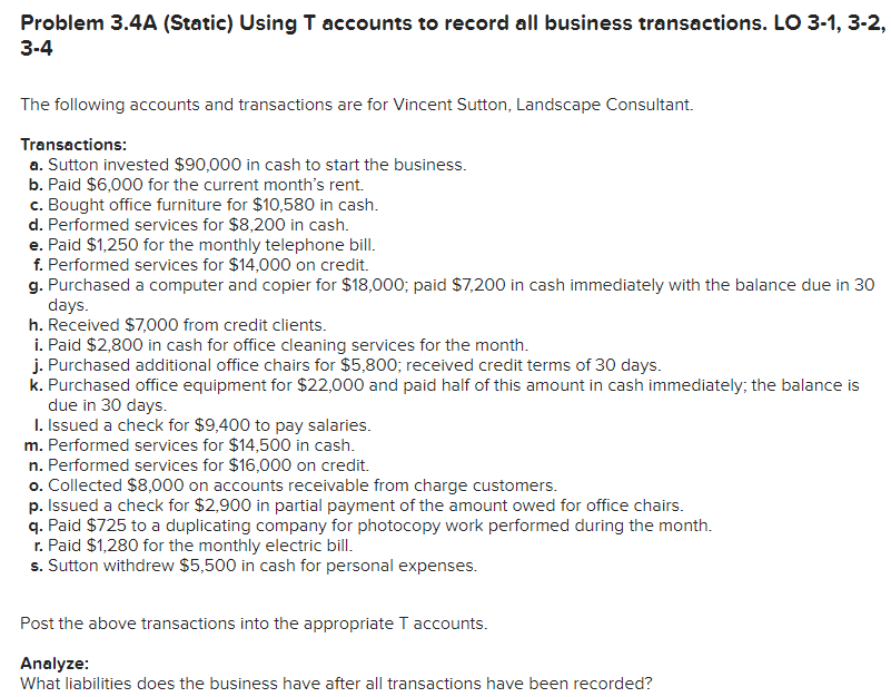  Problem 3.4A (Static) Using T accounts to record all business transactions.