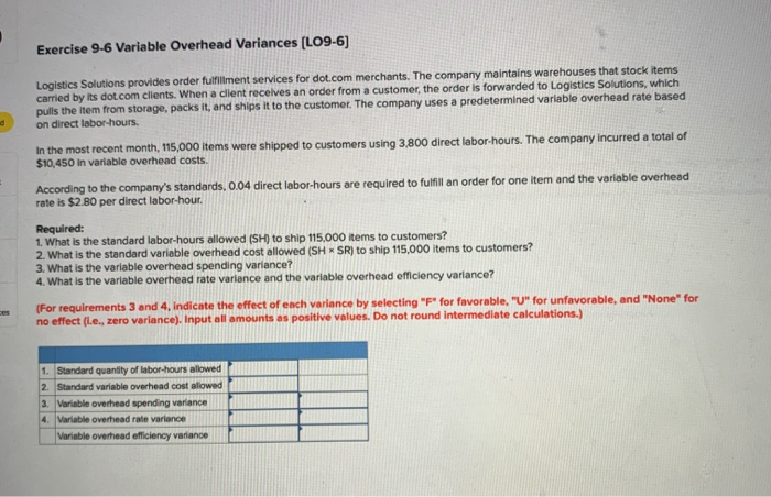  Exercise 9.6 Variable Overhead Variances (L09-6) Logistics Solutions provides order fulfillment