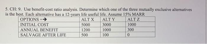  5. CH: 9. Use benefit-cost ratio analysis. Determine which one of