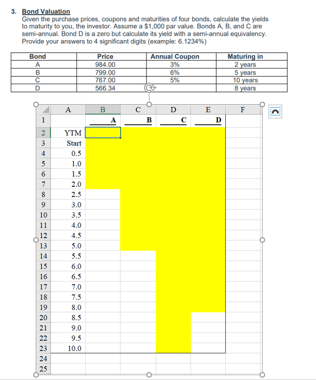 Please show Excel Formulas 3. Bond Valuation Given the purchase prices, coupons