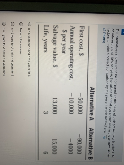  The alternatives shown are to be compared on the basis of