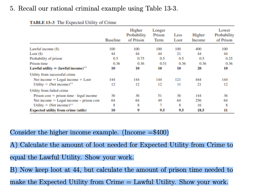 5. Recall our rational criminal example using Table 13-3. TABLE 133