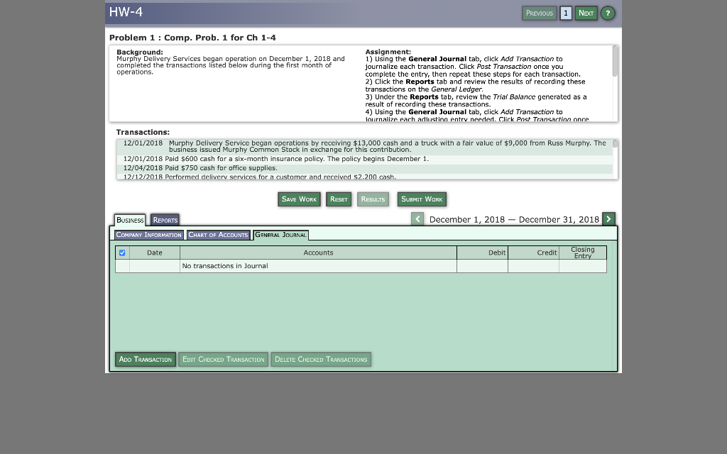  HW-4 PREVIOUS 1 Next ? Problem 1 : Comp. Prob. 1