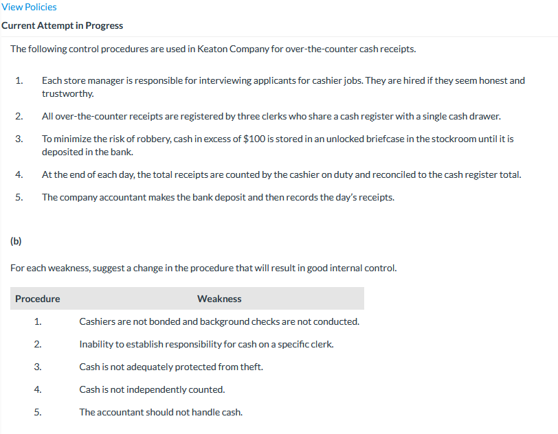 View Policies Current Attempt in Progress The following control procedures are