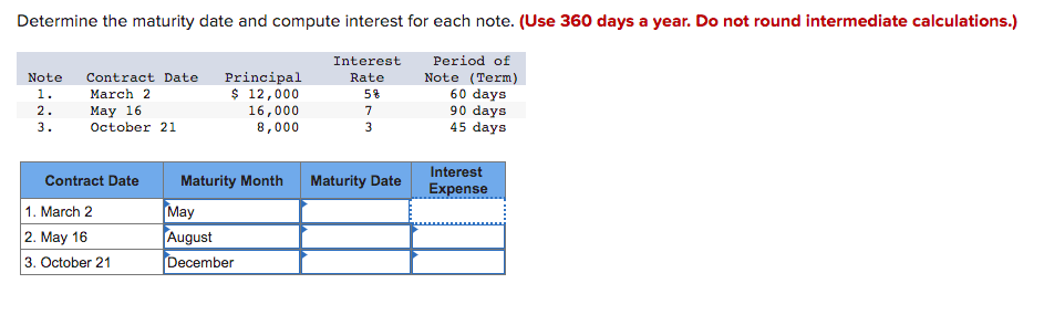 Determine the maturity date and compute interest for each note. (Use