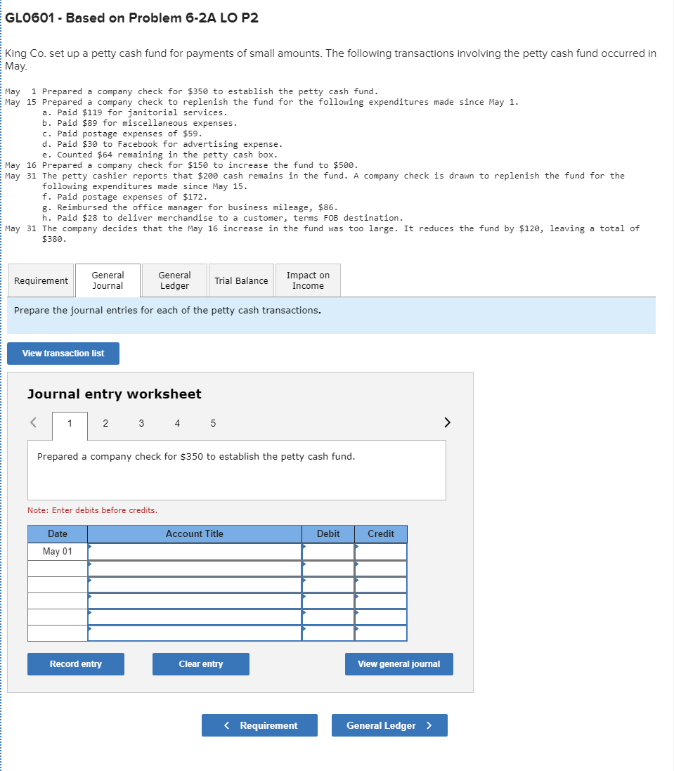 GL0601 - Based on Problem 6-2A LO P2 King Co. set up