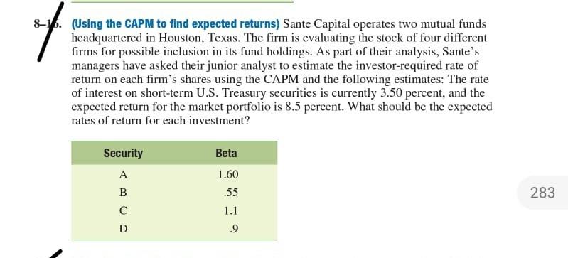 (Using the CAPM to find expected returns) Sante Capital operates two