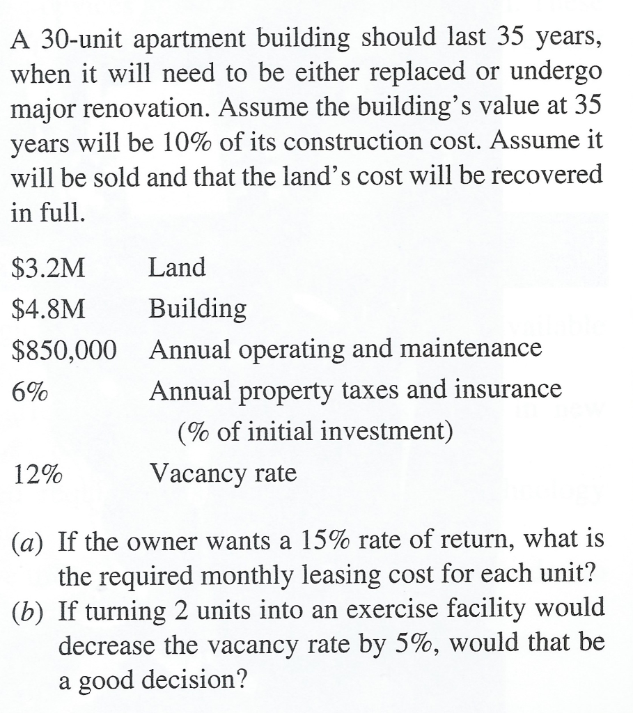 *** EXCEL *** A 30-unit apartment building should last 35 years, when