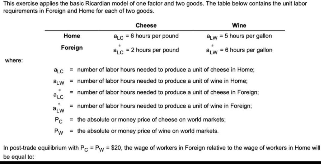  This exercise applies the basic Ricardian model of one factor and