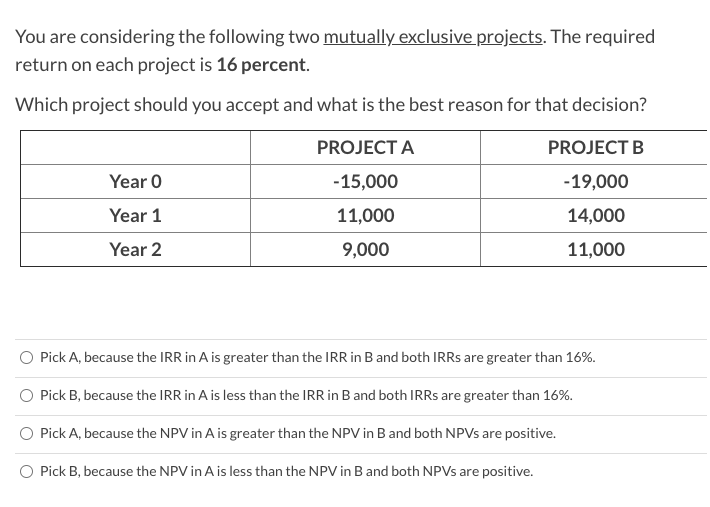  You are considering the following two mutually exclusive projects. The required