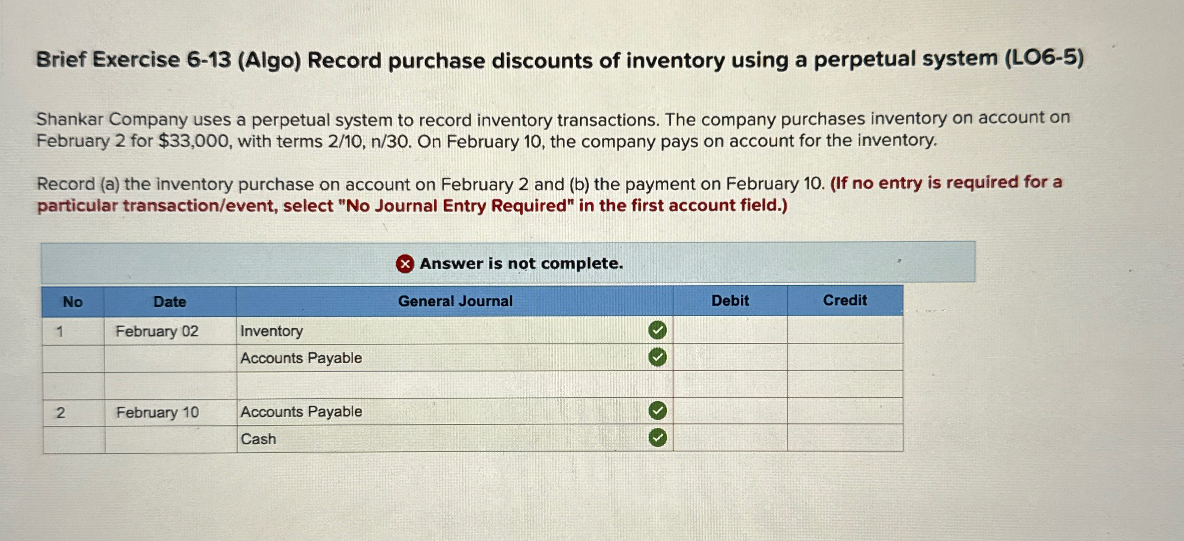  Brief Exercise 6-13(Algo) Record purchase discounts of inventory using a perpetual