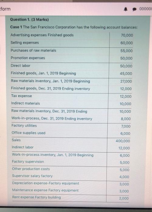  form 000000 Question 1. (3 Marks) Case 1 The San Francisco