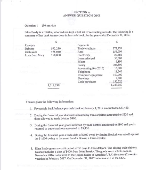  SECTION A ANSWER QUESTION ONE Question 1 (50 marks) Edna Brady