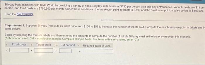 entranco foe. Variable costs are $42 per. person, and fixed costs are