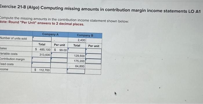  Exercise 21.8 (Algo) Computing missing amounts in contribution margin income statements
