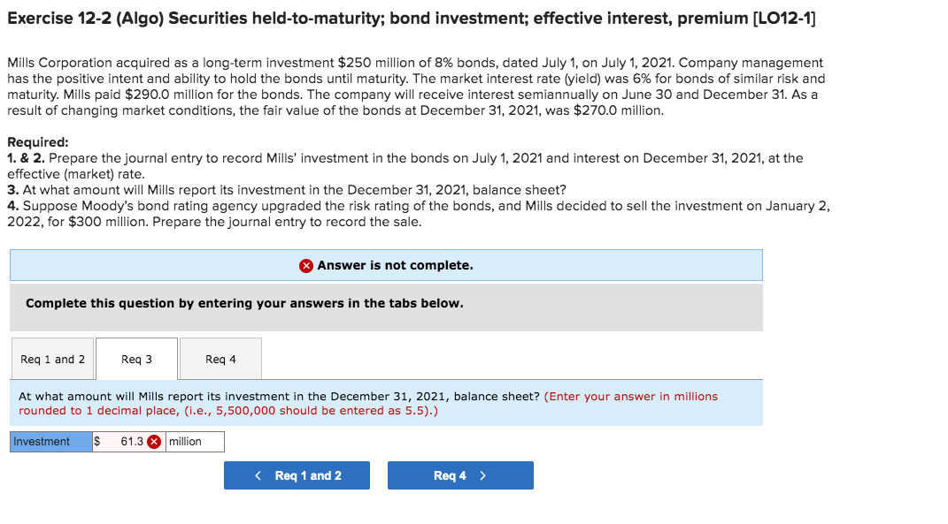 Need help with 3 and 4 Exercise 12-2 (Algo) Securities held-to-maturity; bond