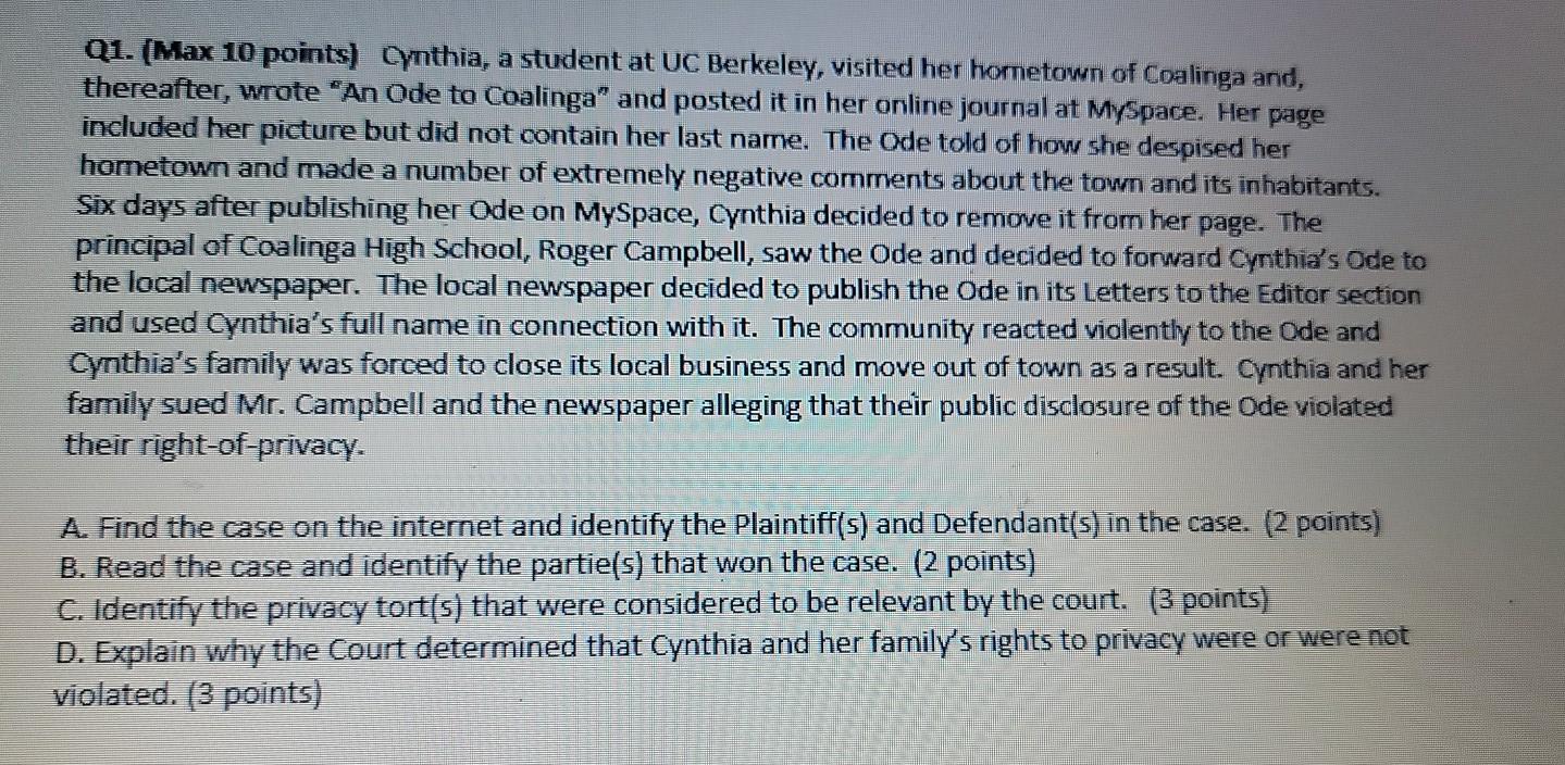 Q1. (Max 10 points) Cynthia, a student at UC Berkeley, visited