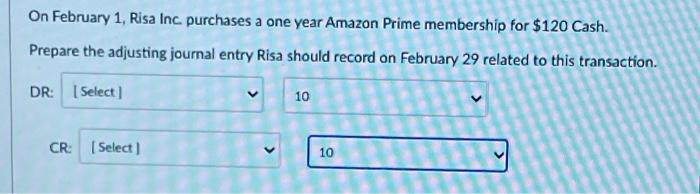 On Febraury 1, Risa Inc purchases a one year Amazon Prime membership