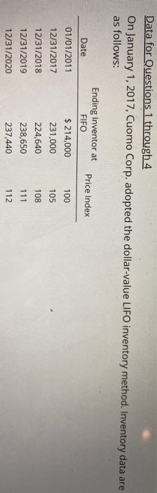 Data for Questions 1 through 4 On January 1, 2017, Cuomo