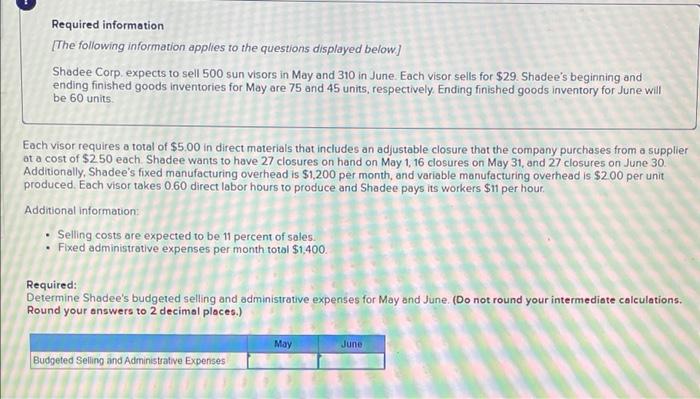 Determine Shadee's budgeted total sales for May and June. 2. Determine Shadee's