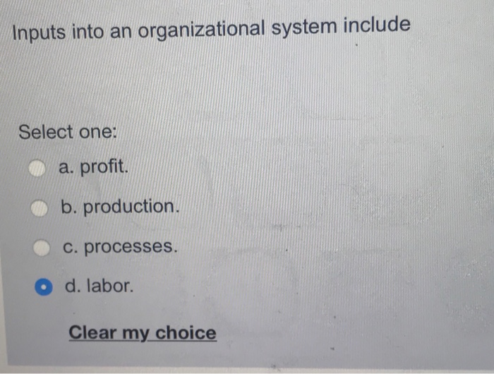 Inputs into an organizational system include Select one: a. profit. b. production.