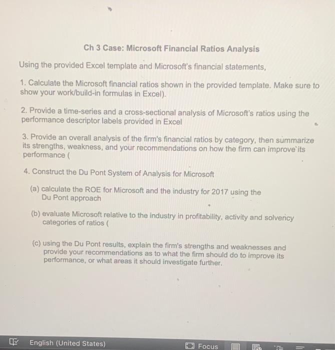 Ch 3 Case: Microsoft Financial Ratios Analysis Using the provided Excel