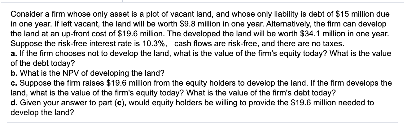 Consider a firm whose only asset is a plot of vacant