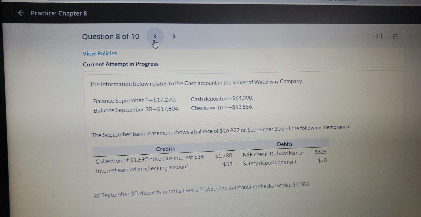 Practice: Chapter 8 Question 8 of 10 -/ 15 View Policies
