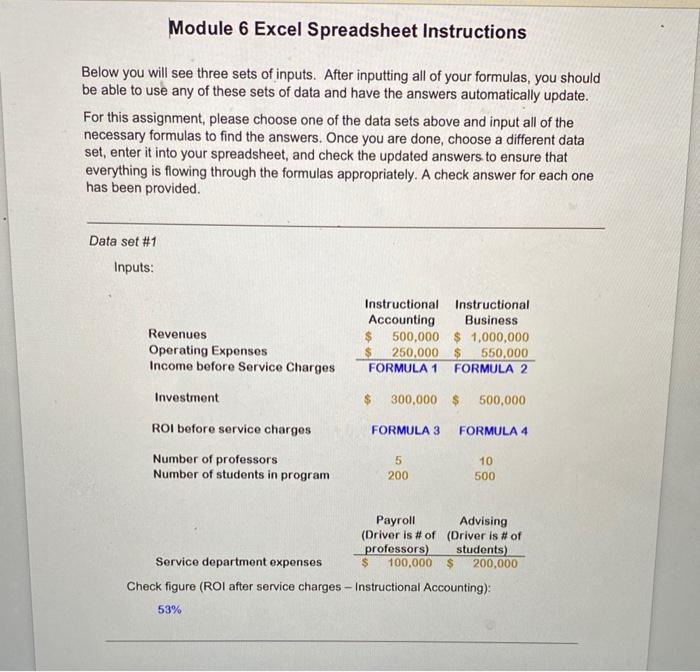 Need help putting in excel with excel formulas. Module 6 Excel Spreadsheet