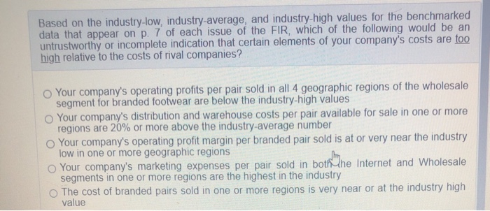  Based on the industry-low, industry average, and industry-high values for the