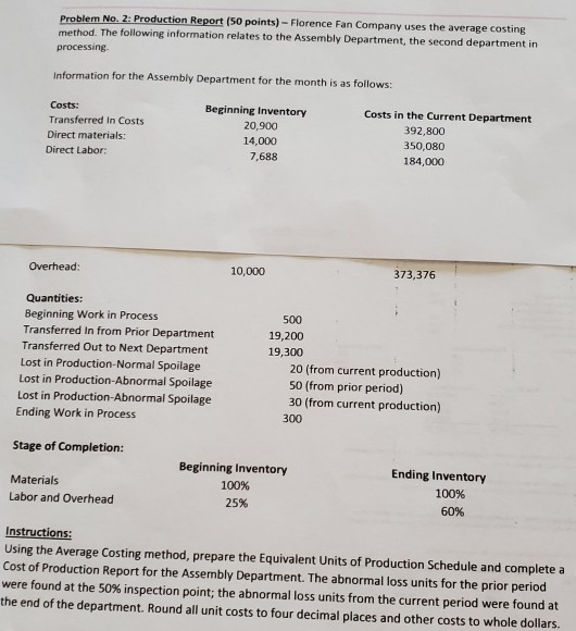  Problem No. 2: Production Report (50 points) - Florence Fan Company