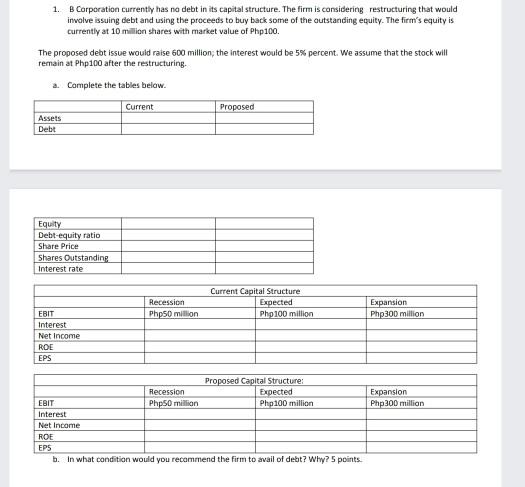Complete tables below and answer question 1. B Corporation currently has no