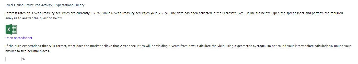 Excel Online Structured Activity: Expectations Theory Interest rates on 4-year Treasury