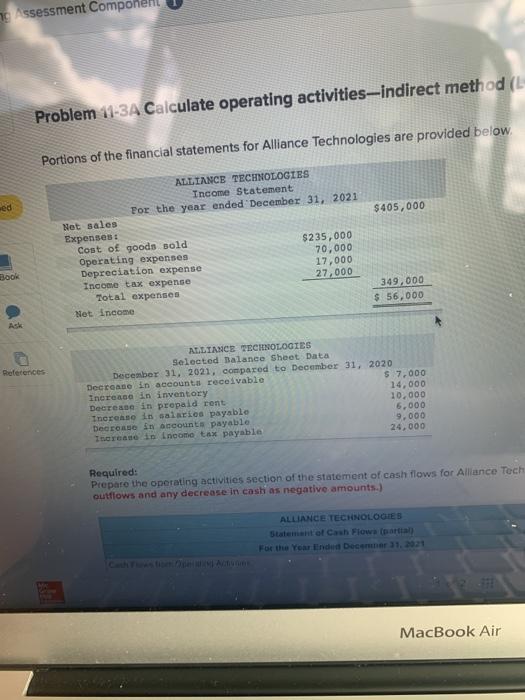  ng ssessment Component Problem 11-3A Calculate operating activities-indirect method (L Portions