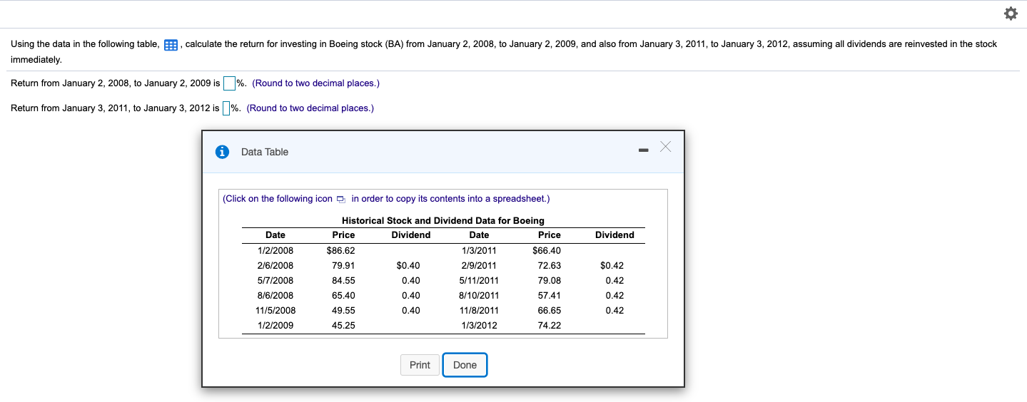  Using the data in the following table, :, calculate the return