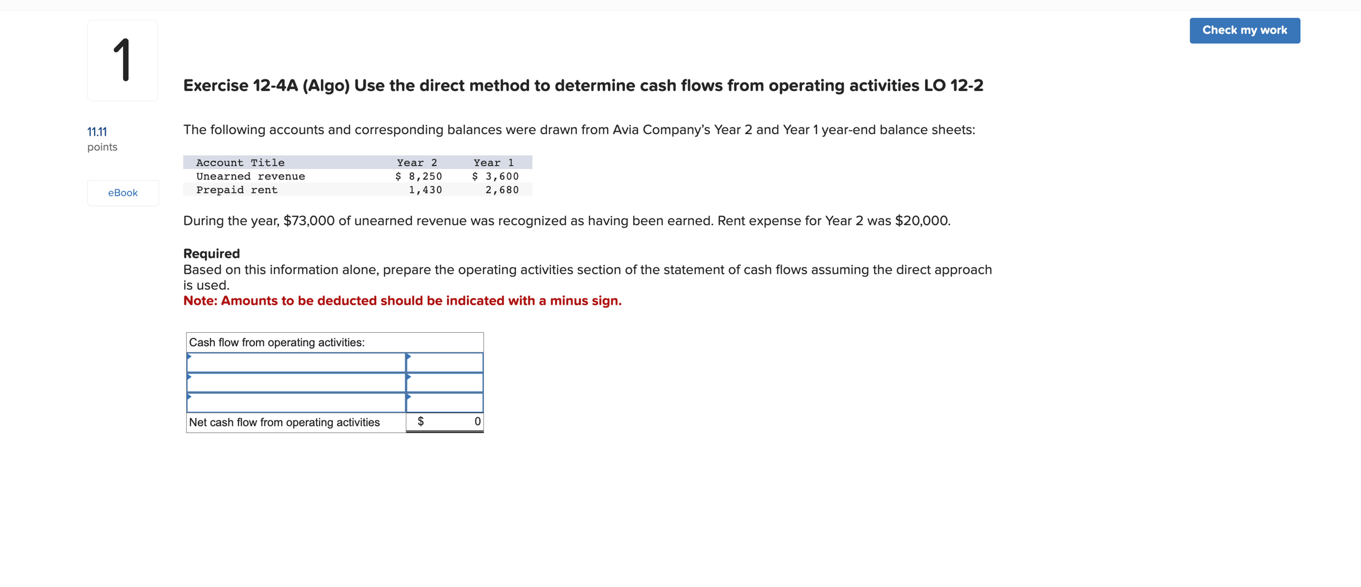  Exercise 12-4A (Algo) Use the direct method to determine cash flows