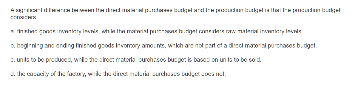  A significant difference between the direct material purchases budget and the