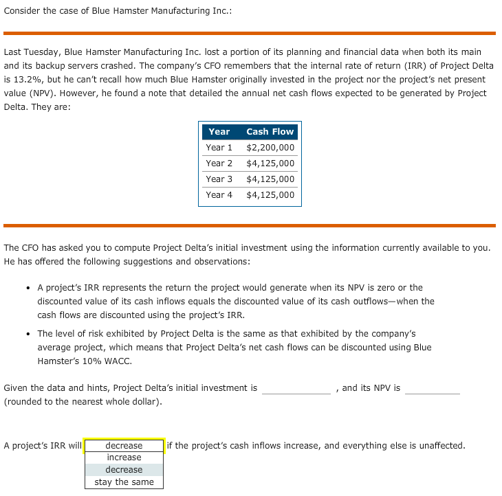 Beta) that will require an initial investment of $2,500,000. The project is