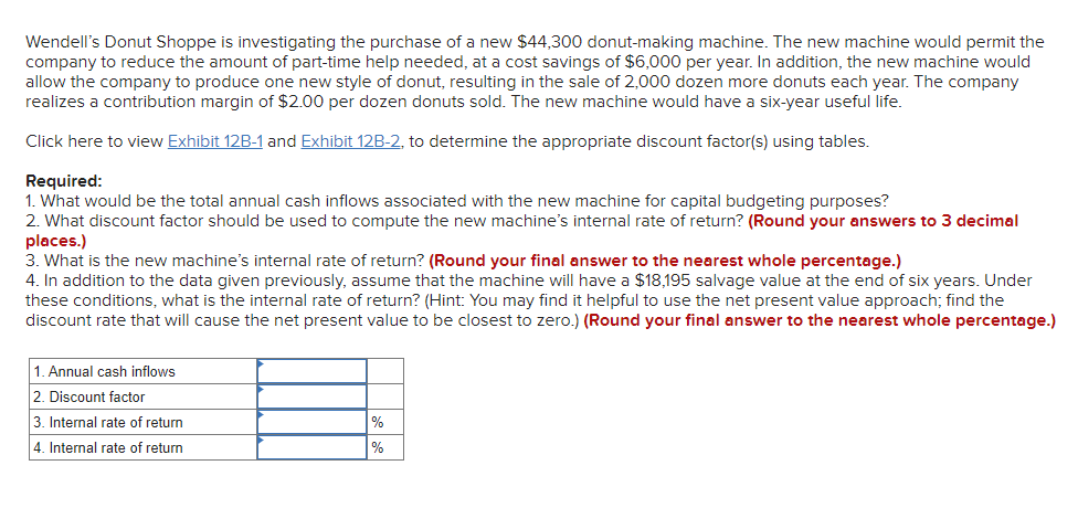  Wendell's Donut Shoppe is investigating the purchase of a new $44,300