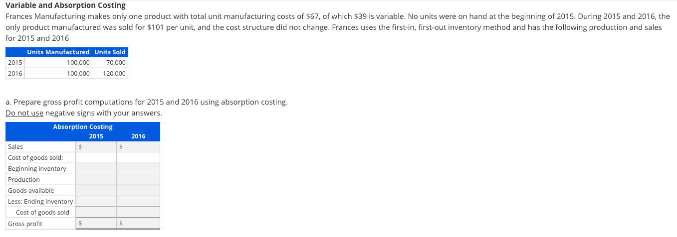 Variable and Absorption Costing Frances Manufacturing makes only one product with
