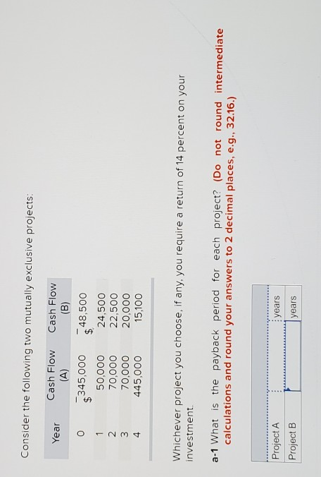 Consider the following two mutually exclusive projects: Year Cash Flow (A)