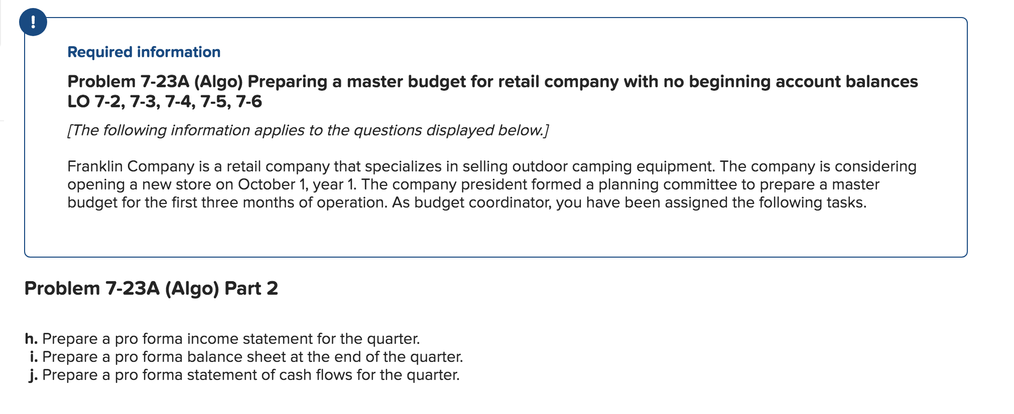 Required information Problem 7-23A (Algo) Preparing a master budget for retail