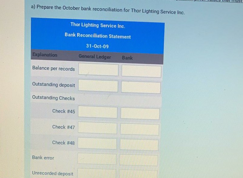 provided for Thor Lighting Service Inc. at the end of October 2009.