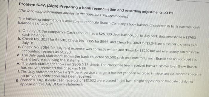 question 5 Problem 6-4A (Algo) Preparing a bank reconciliation and recording adjustments