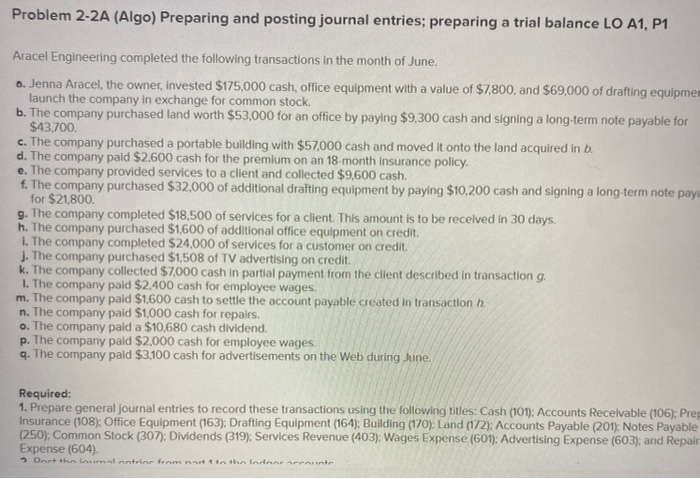  Problem 2-2A (Algo) Preparing and posting journal entries; preparing a trial