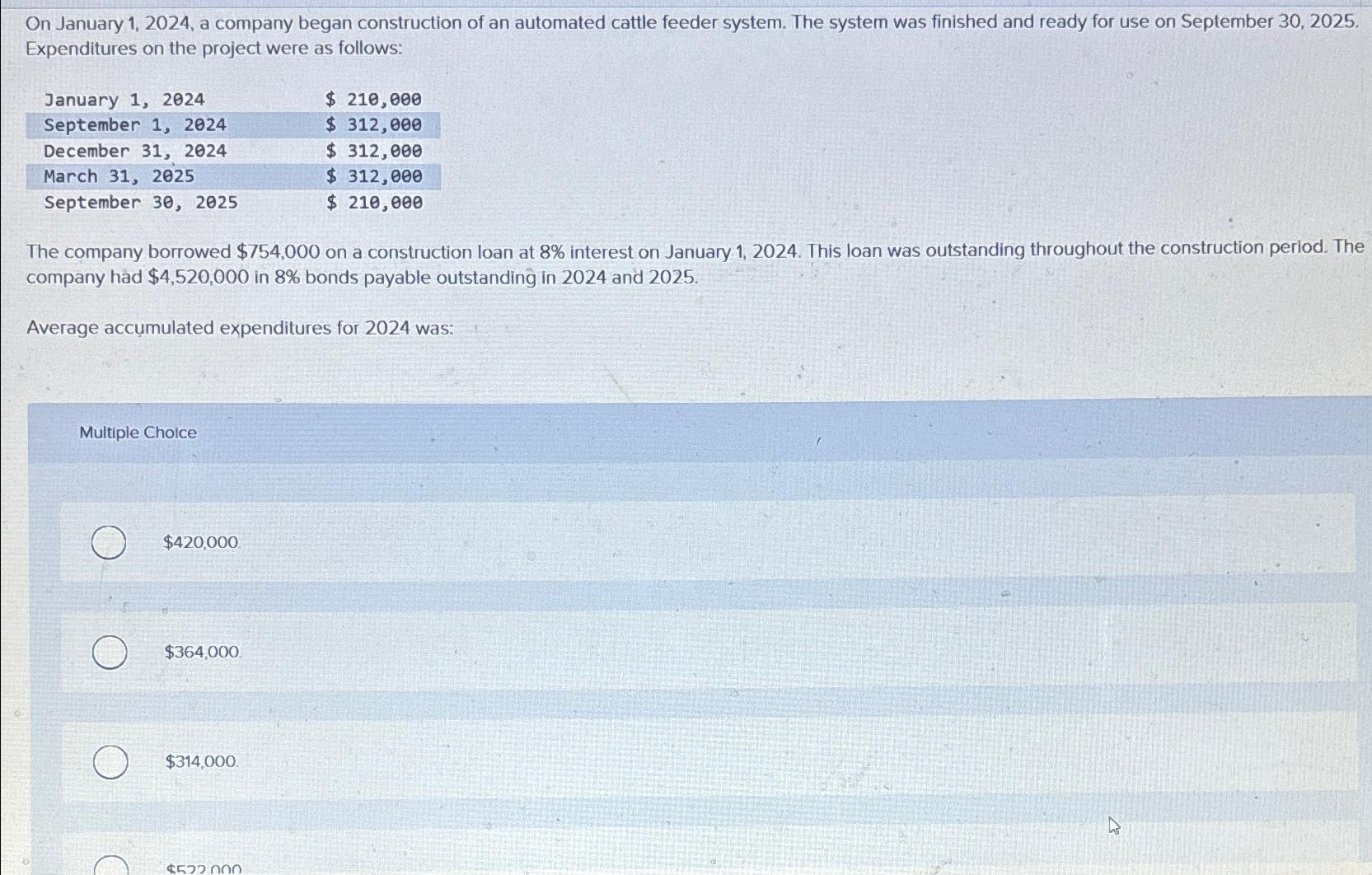  On January 1,2024, a company began construction of an automated cattle