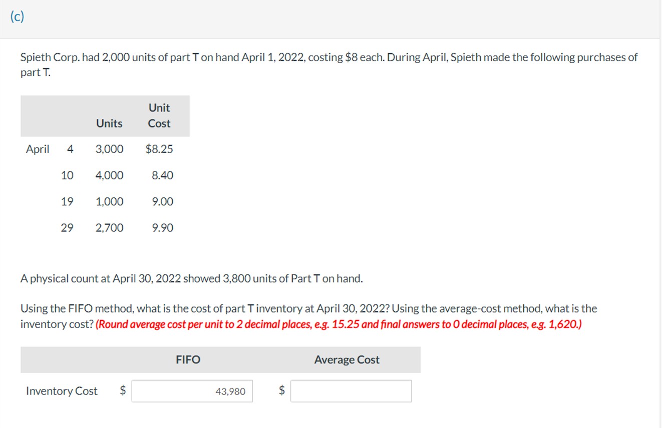  (c) Spieth Corp. had 2,000 units of part T on hand