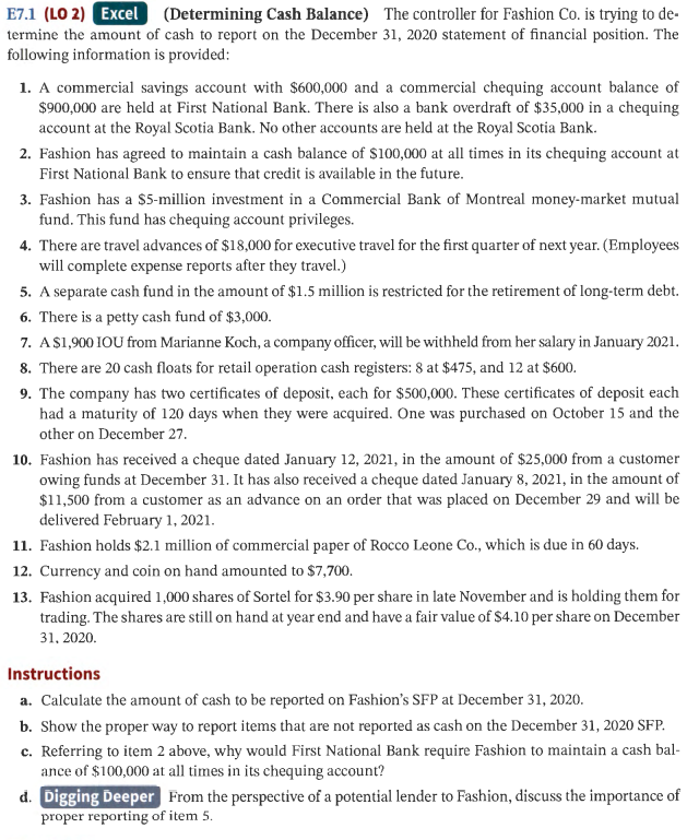 E7.1 (LO 2) Excel (Determining Cash Balance) The controller for Fashion