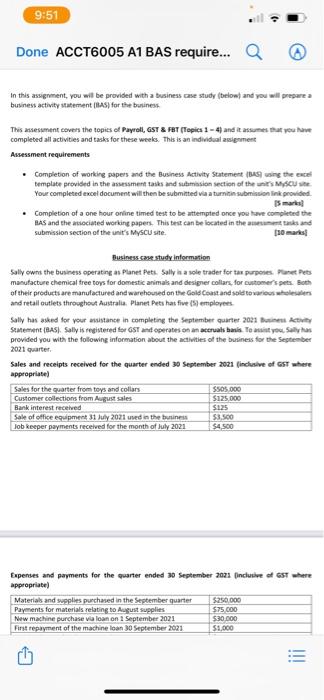 b 9:51 Done ACCT6005 A1 BAS require... In this assignment, you will