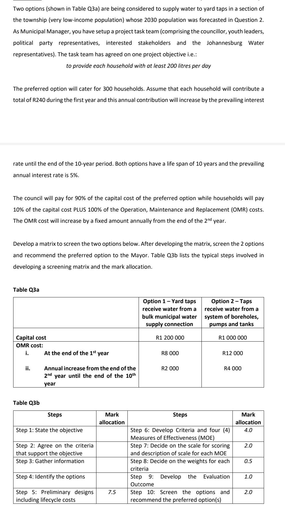  Two options (shown in Table Q3a) are being considered to supply